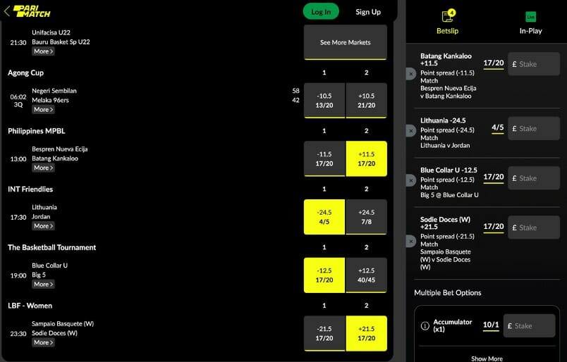 Screenshot of the Betslip section on Parimatch.