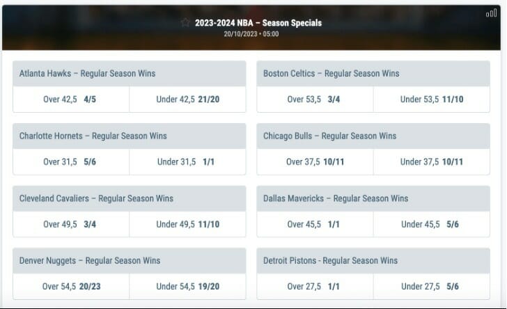 Screenshot of the 2023-2024 NBA Season Specials at Sportingbet.