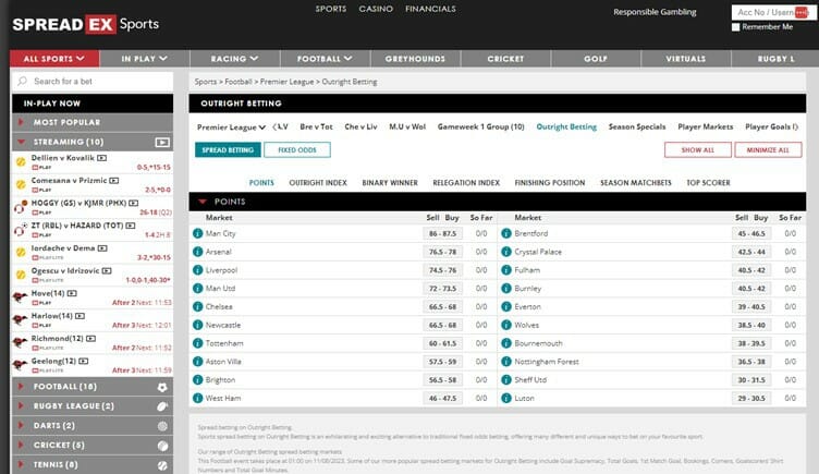 Spreadex Premier League Betting Screenshot