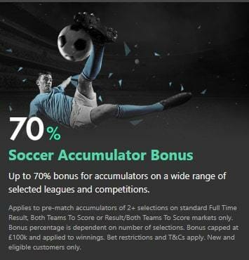 bet365 70% Soccer Accumulator Bonus Screenshot