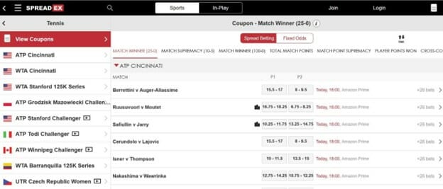 Spreadex Tennis Betting Screenshot