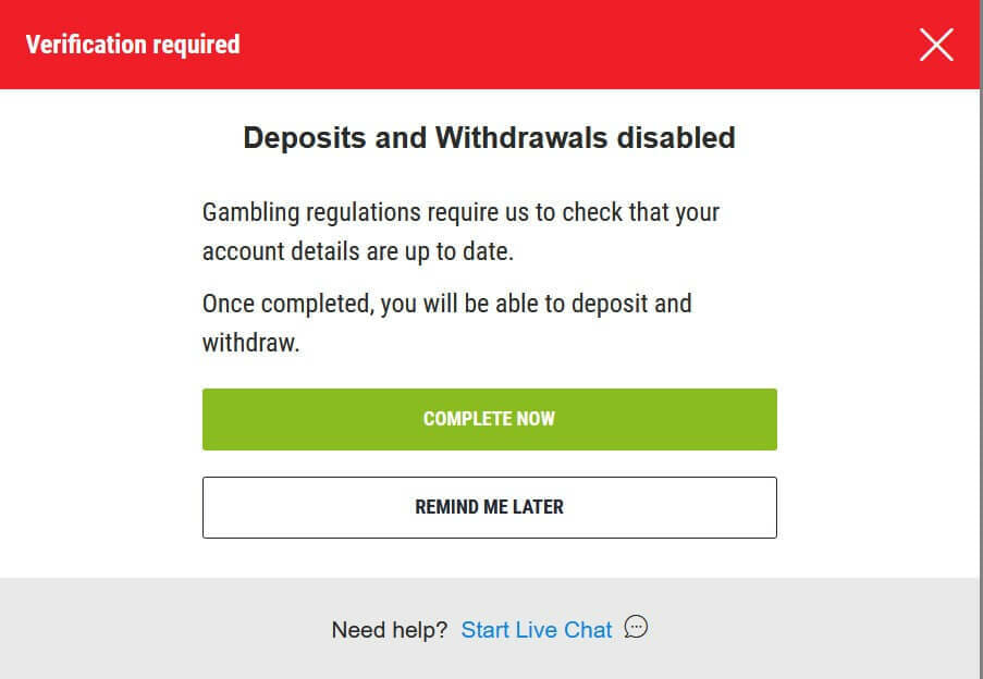 Ladbrokes Deposits Disabled Message Screenshot