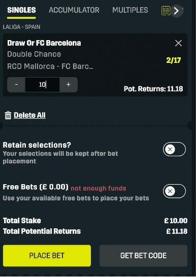 DAZN Bet how to place a bet screenshot