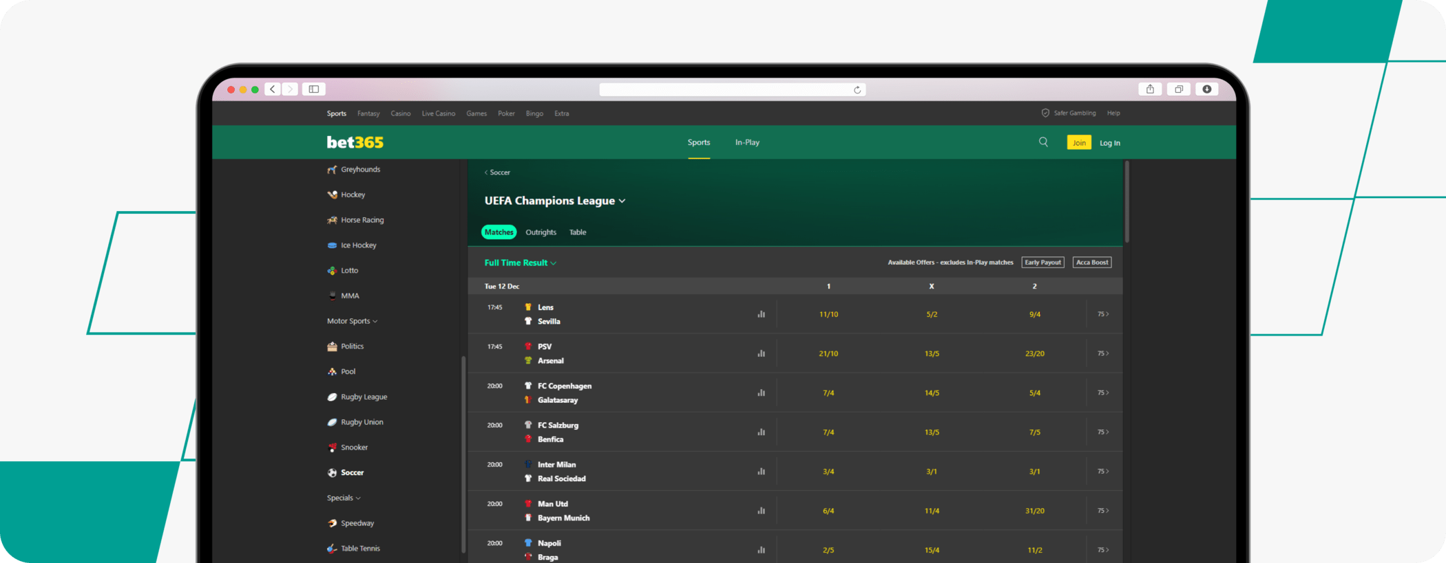 bet365 champions league betting screenshot