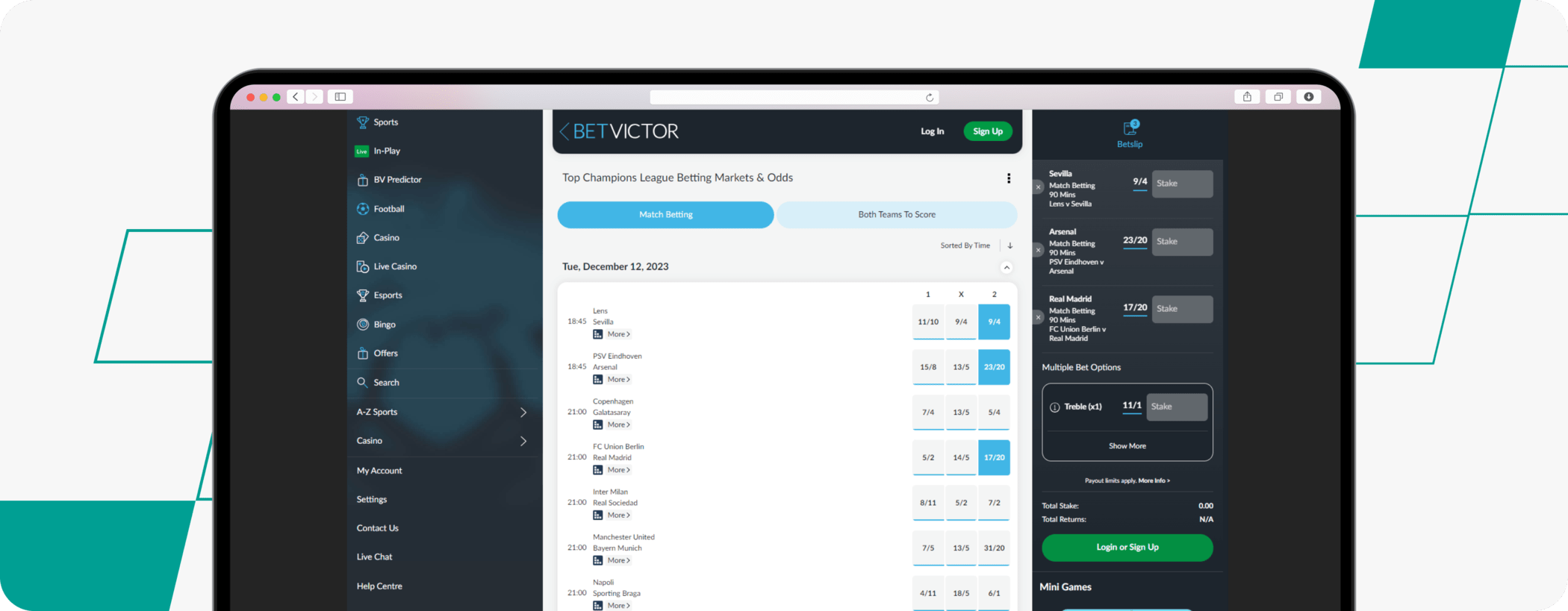 betvictor champions league betting screenshot