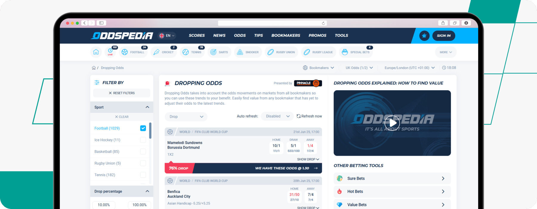 Dropping odds feature on oddspedia website