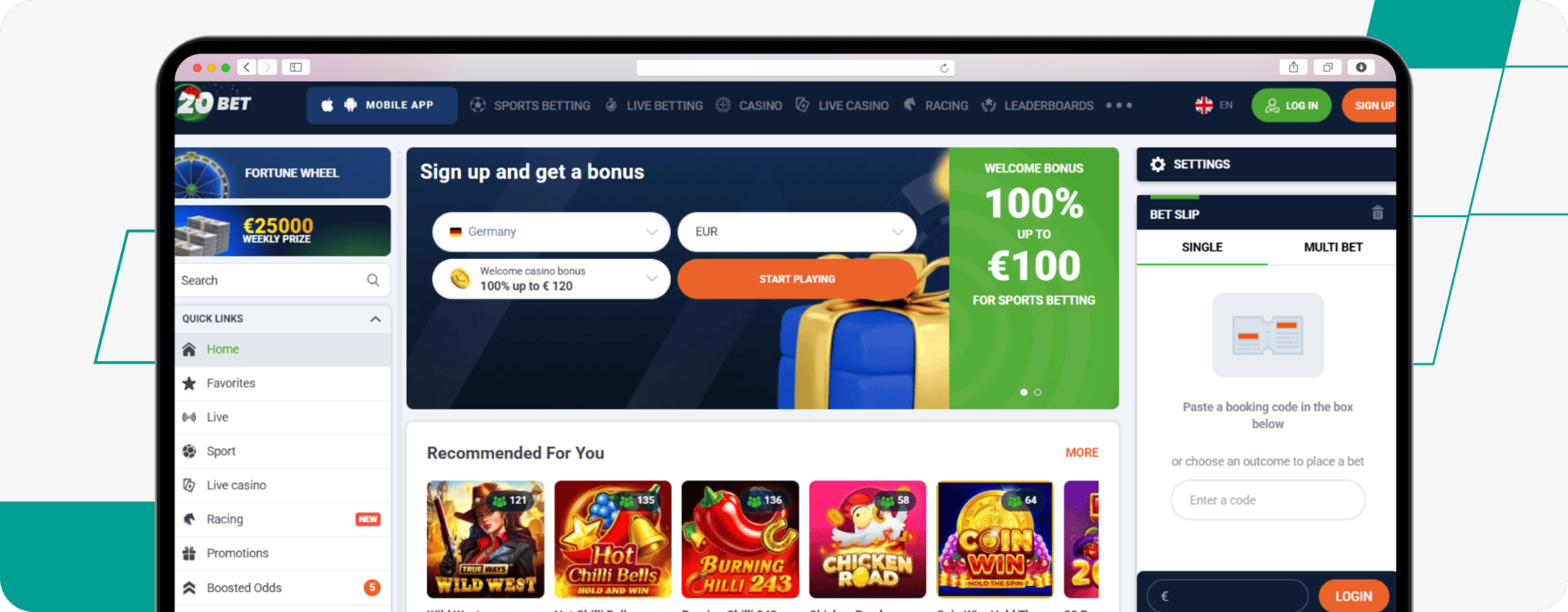 screenshot of 20bet germany homepage