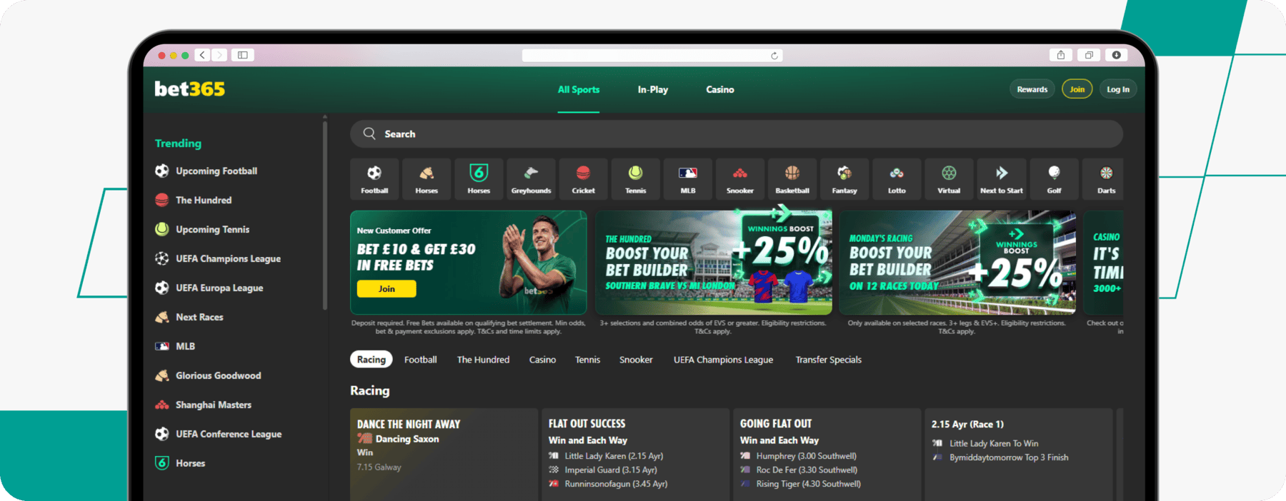 screenshot of bet365 sportsbook homepage