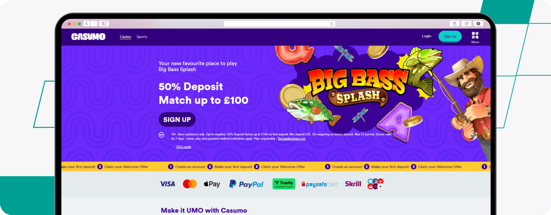 screenshot of casumo's casino welcome offer