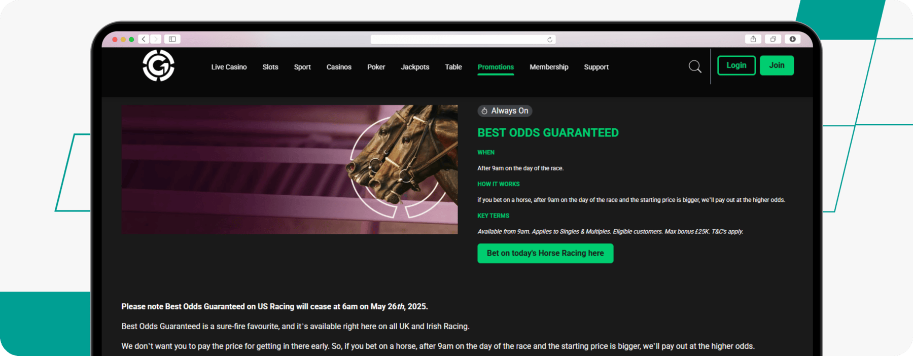 screenshot of grosvenor's best odds guaranteed offer