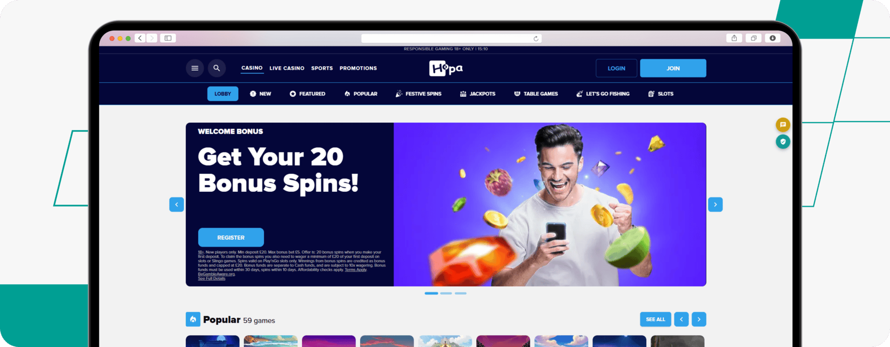 screenshot of hopa casino homepage