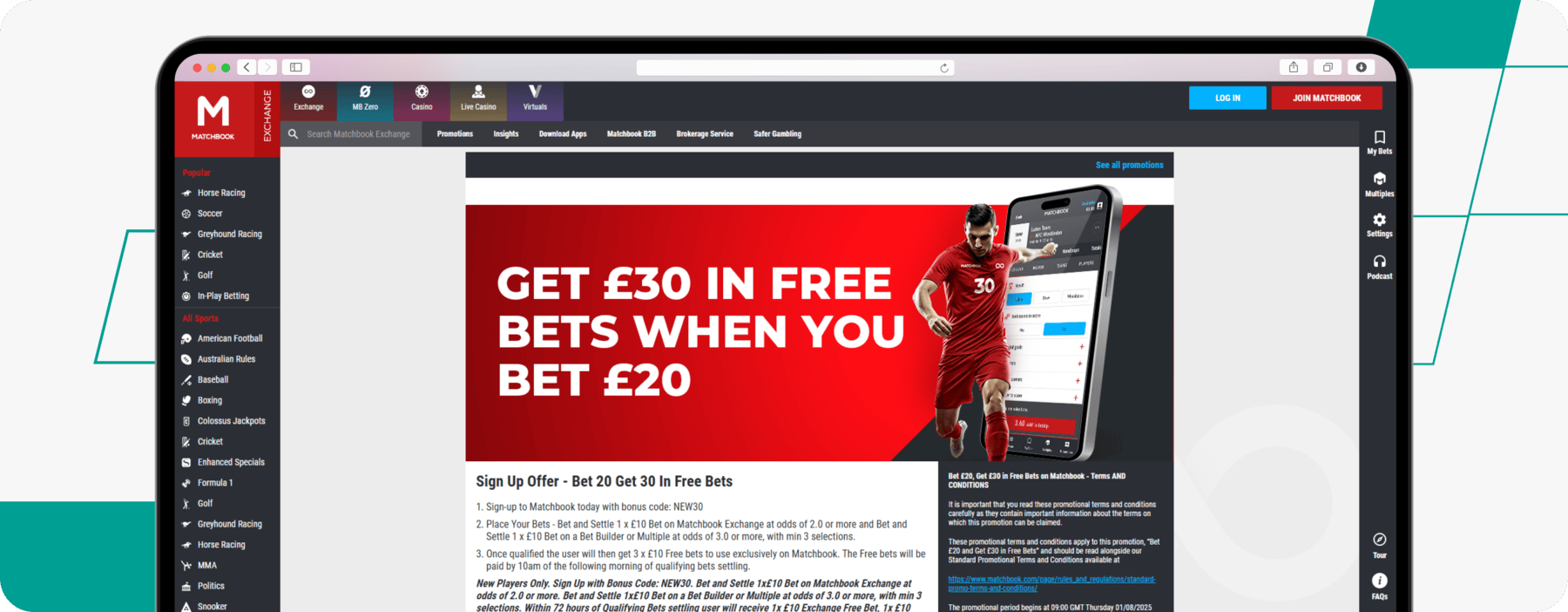 screenshot of matchbook bet 20 get 30 welcome offer