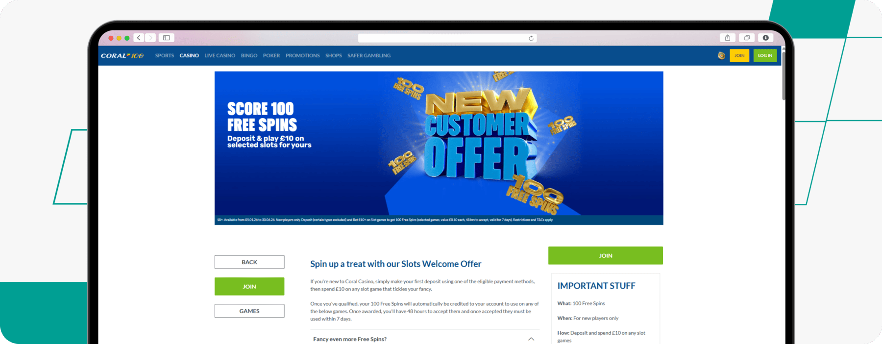 screenshot of coral casino welcome offer