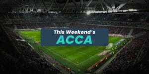An image showing a cheering football player placed in front of a packed stadium with text "This weekend's ACCA" displayed