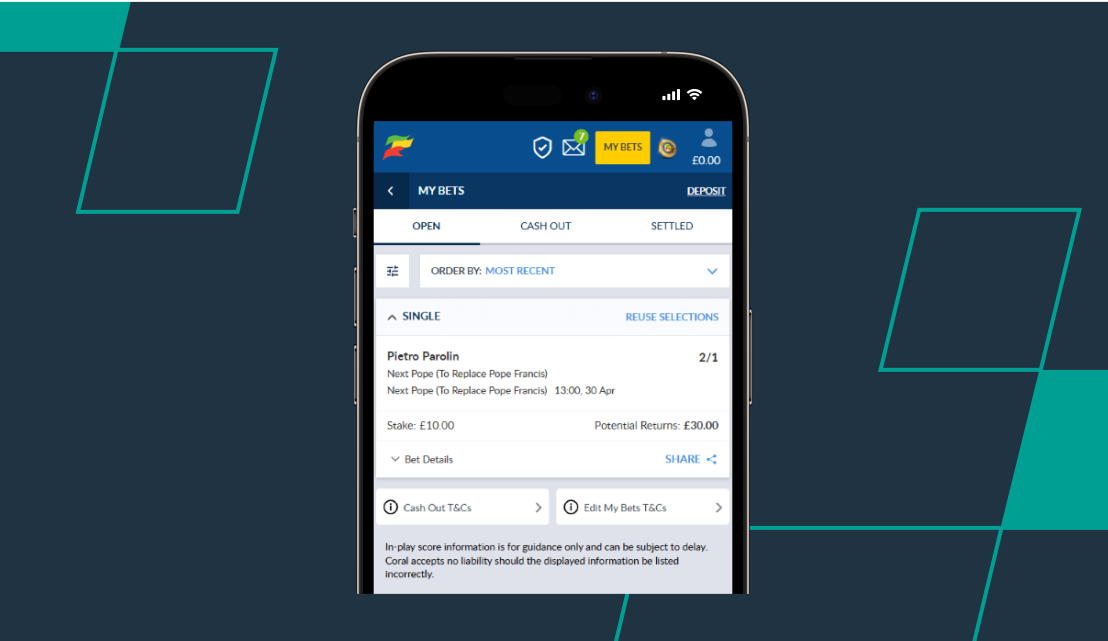 screenshot of coral's next pope bet confirmation page