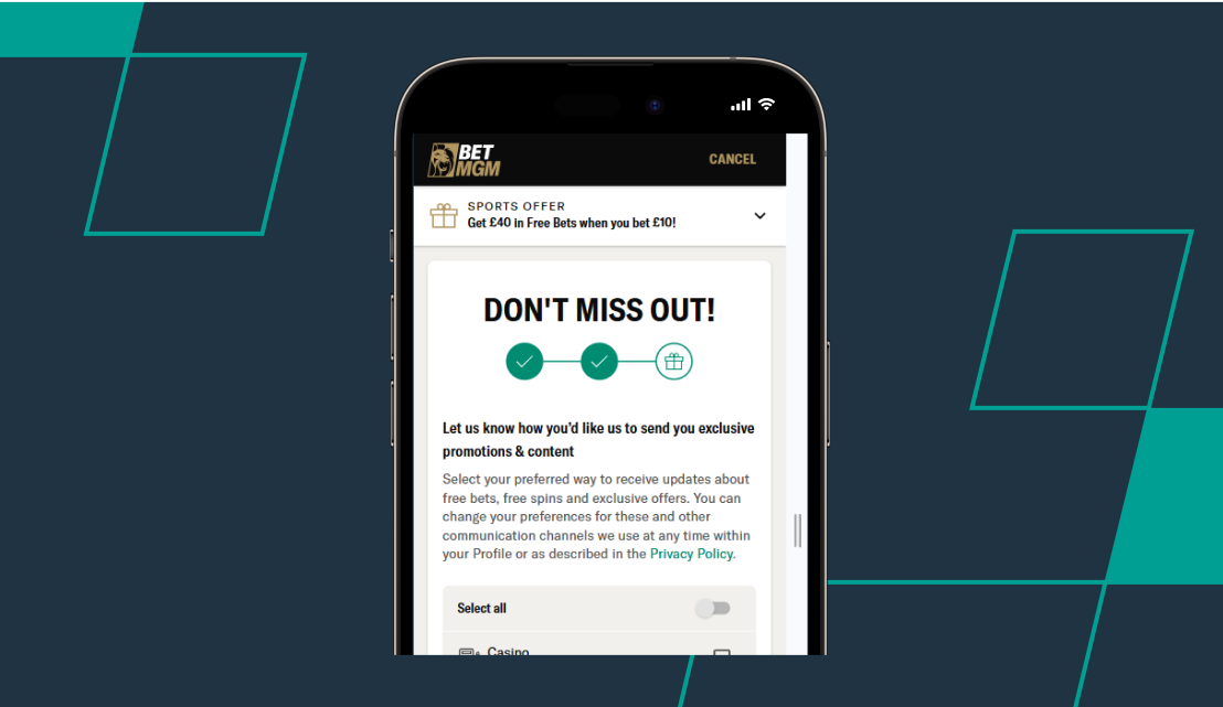 A screenshot of the third sign up page on BetMGM
