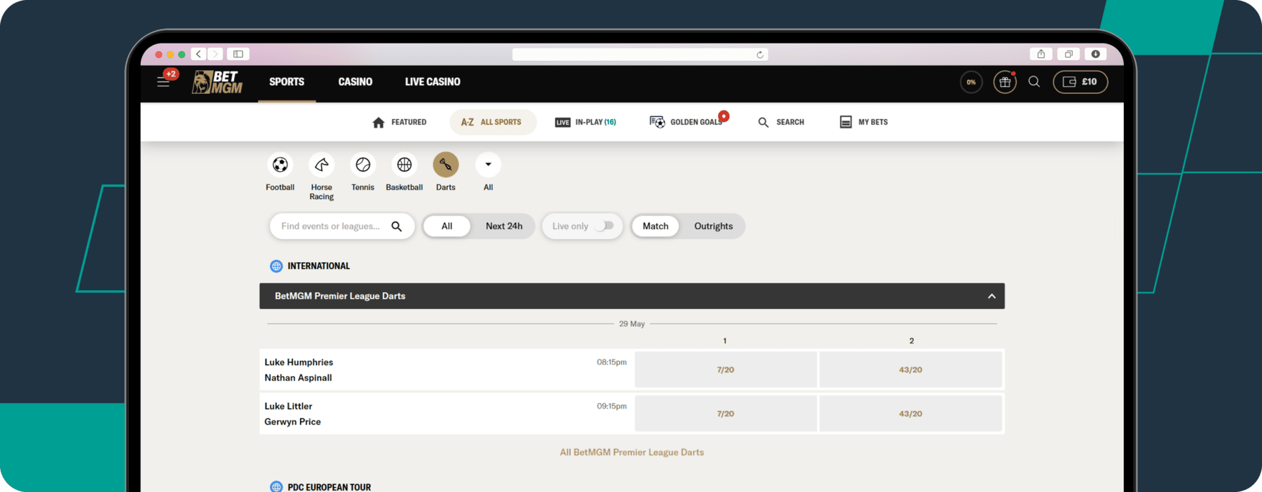 Darts market on Betmgm website