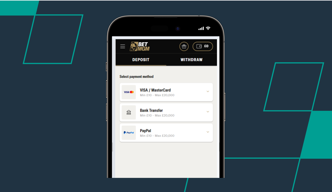 A list of deposit methods available on BetMGM