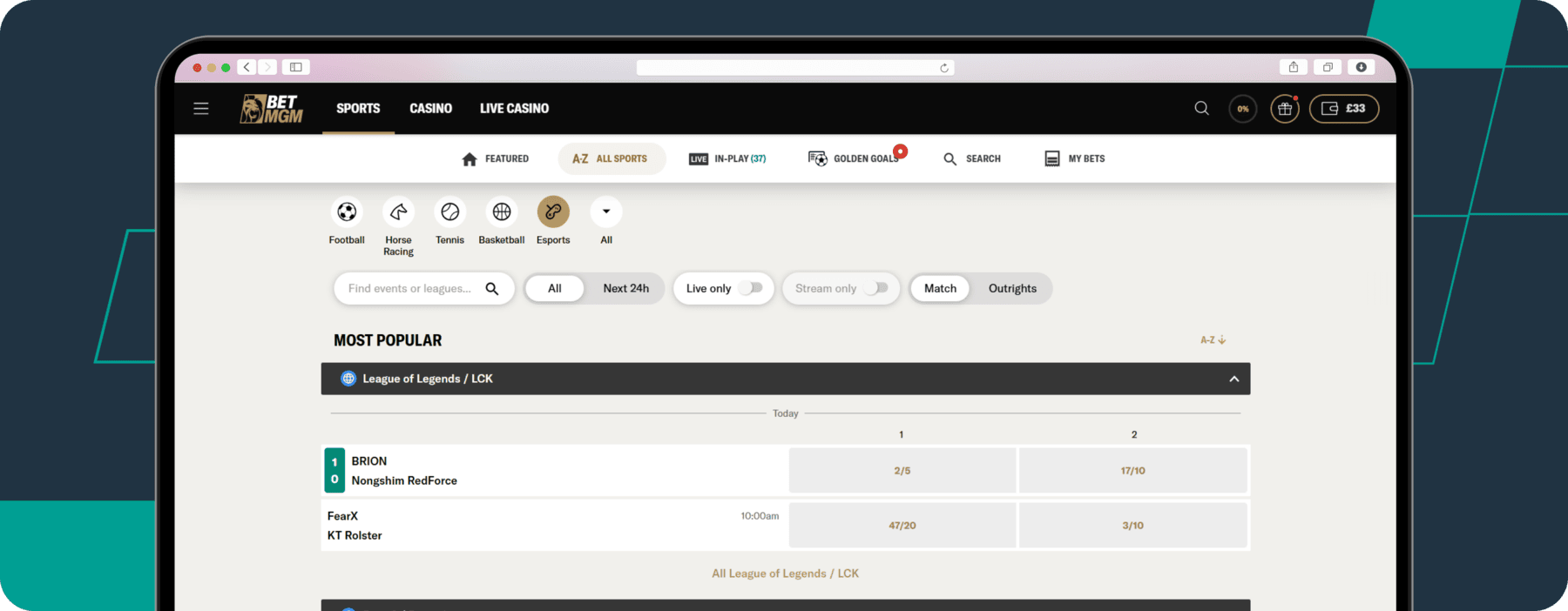 Esports market on betmgm website