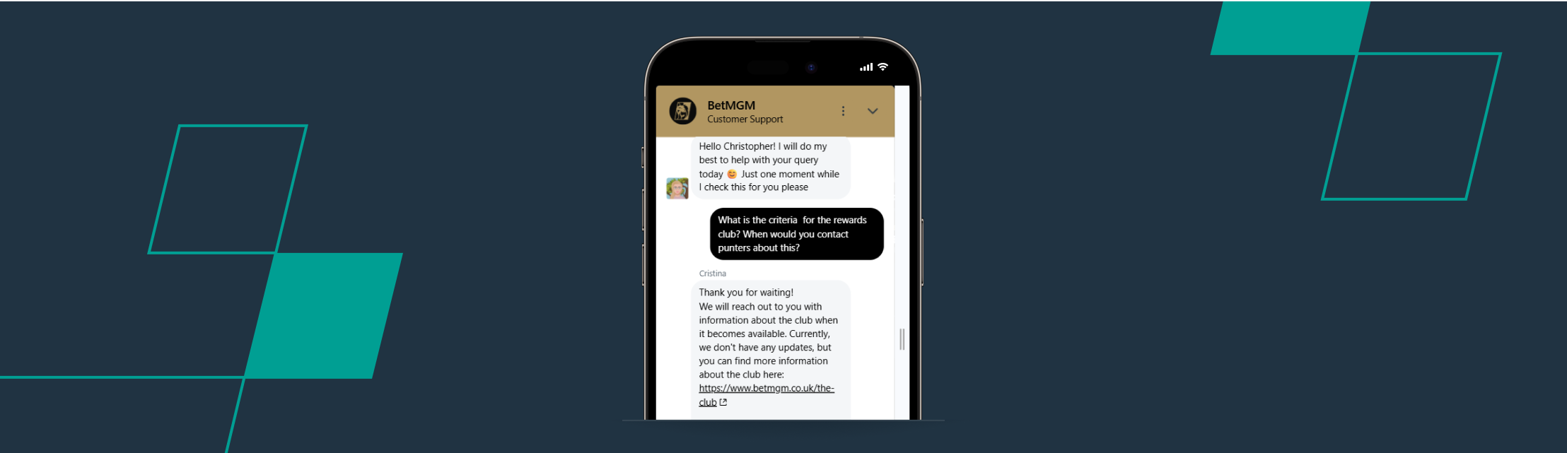 Rewards club chat on BETMGM support