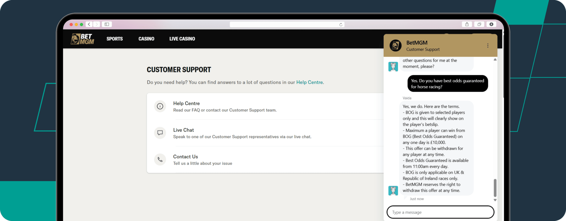 Customer support chat on betmgm