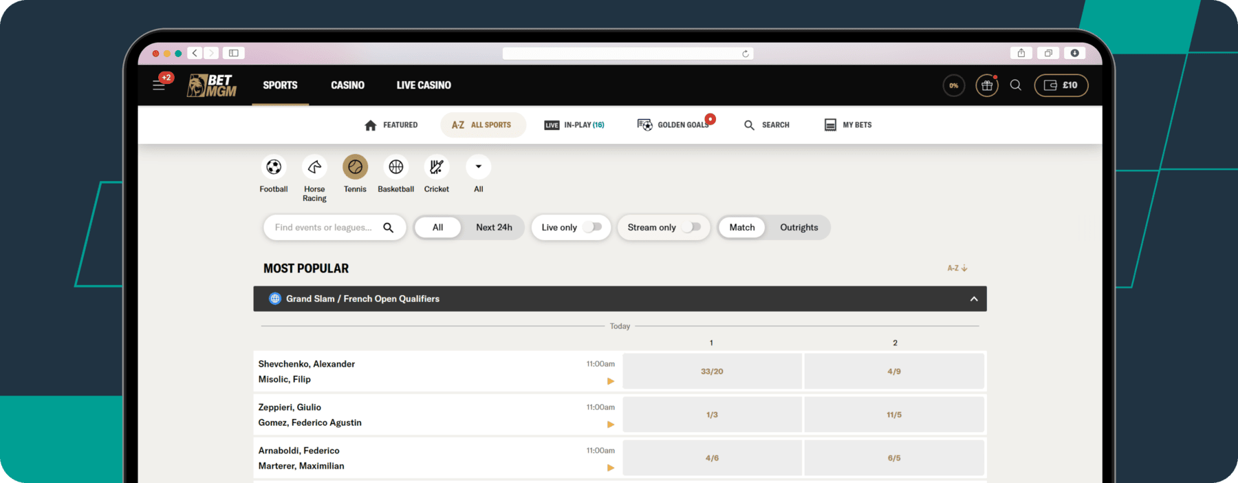 Tennis Market on Betmgm website