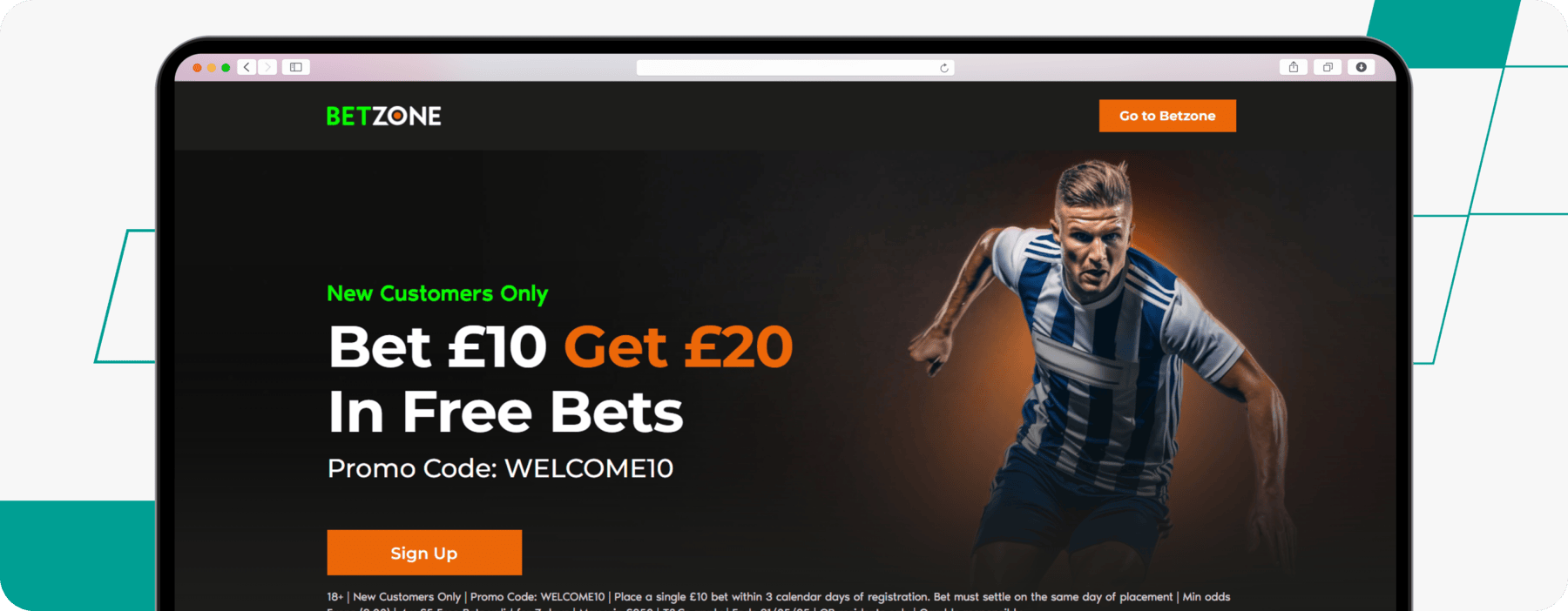 Betzone Welcome offer screenshot on website Ber10 Get 20 in free bets