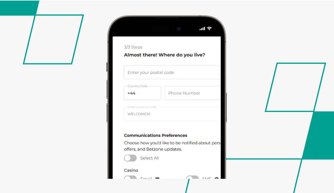 Creating an account screen on Betzone