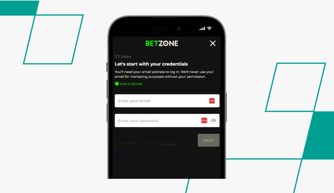 Creating an account screen on Betzone