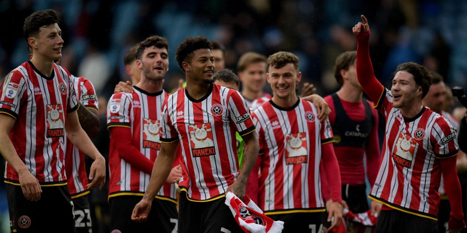 Sheffield United celebrate 1-0 Championship win over Sheffield Wednesday.