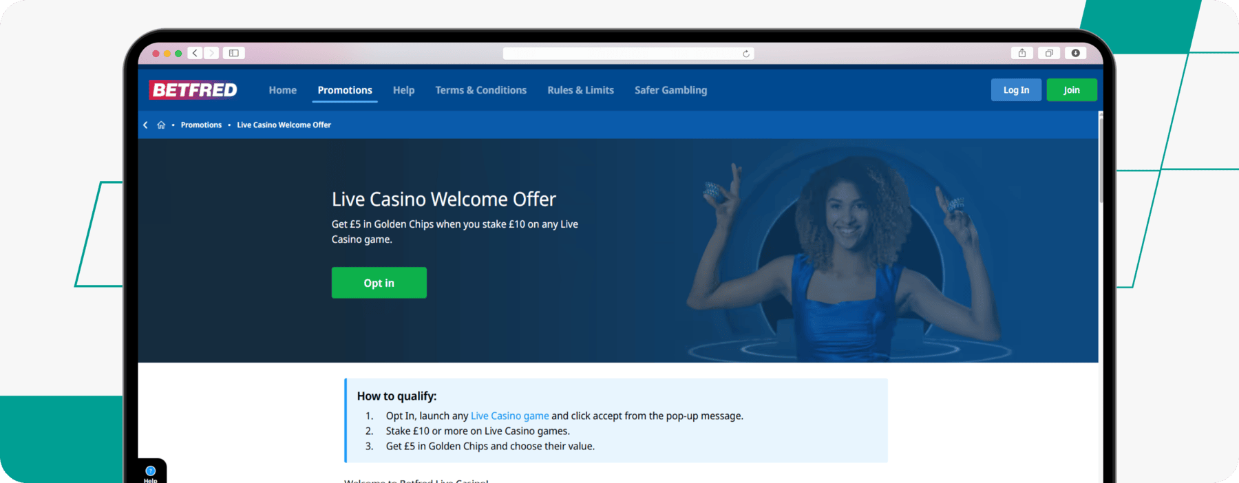screenshot of betfred's live casino welcome offer