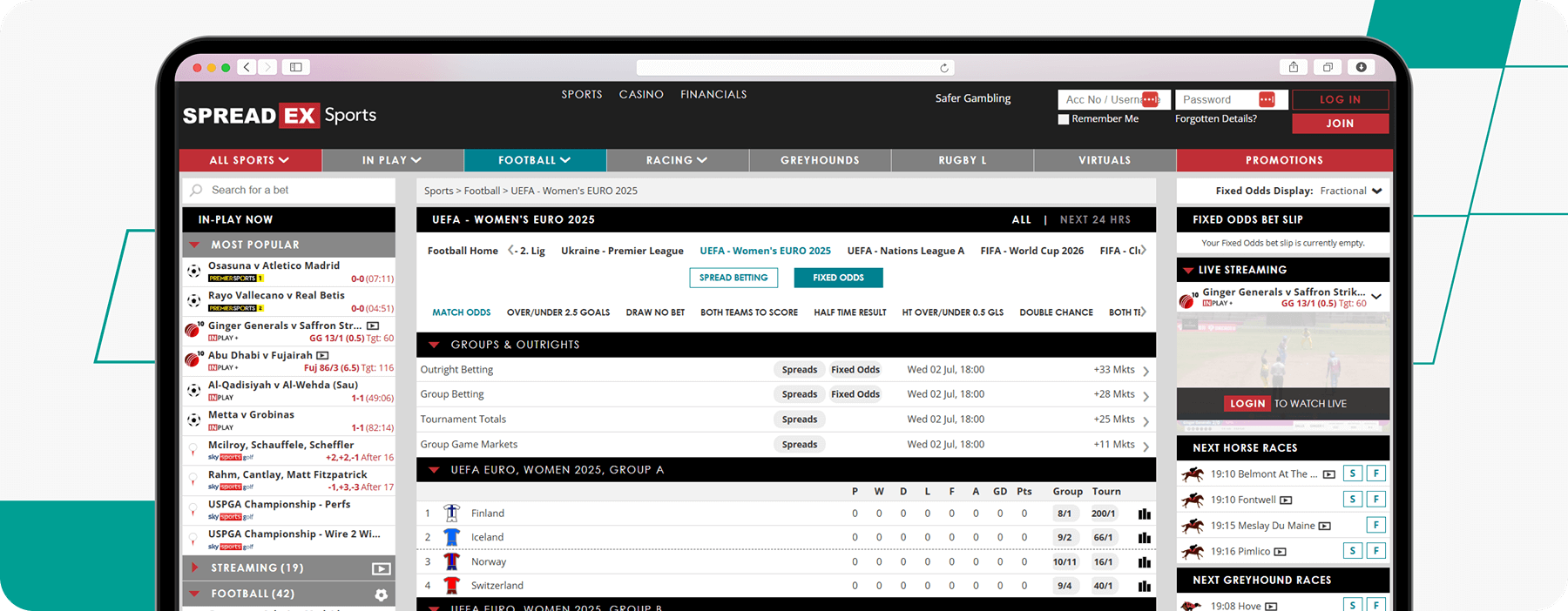 screenshot of spreadrex women's euro betting