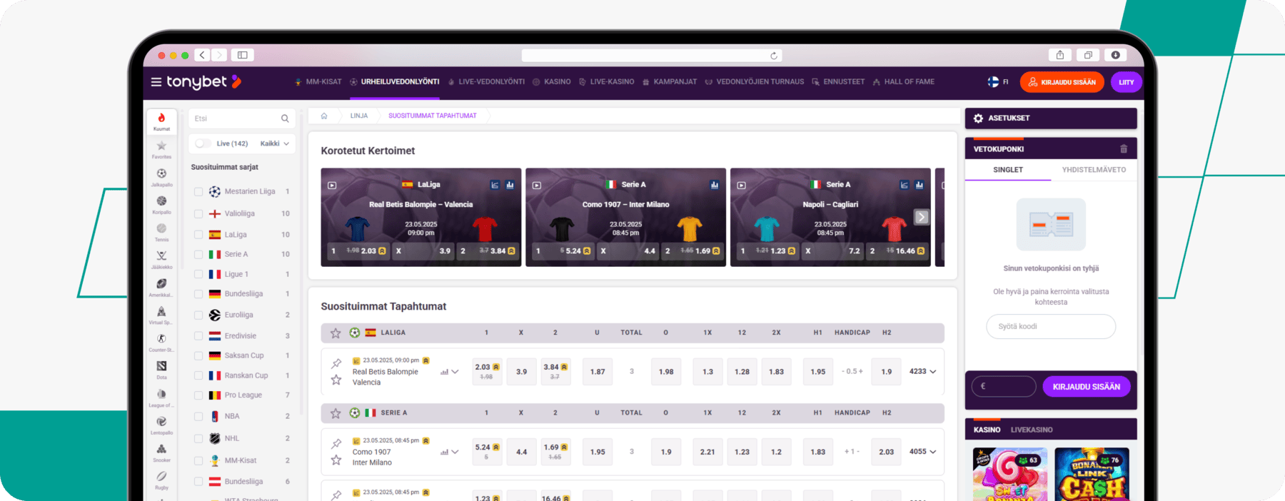 screenshot of tonybet finland sportsbook