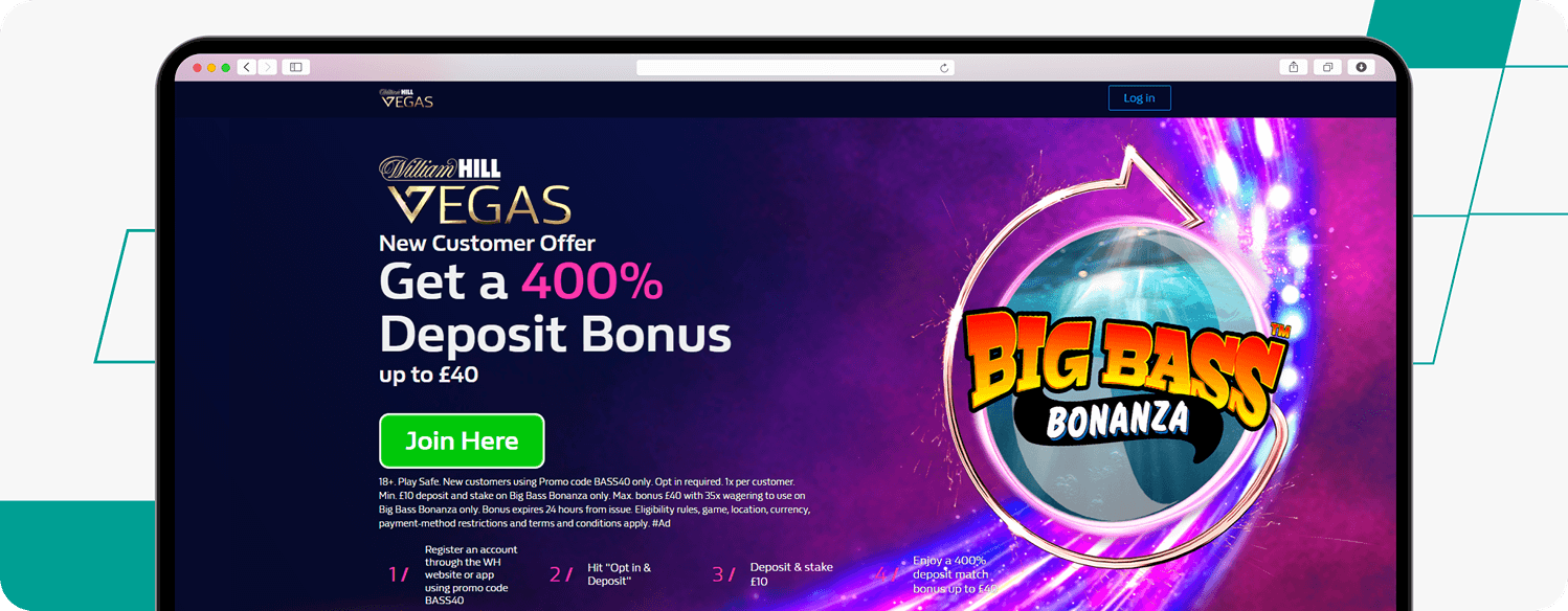 screenshot of william hill 400% bonus welcome offer