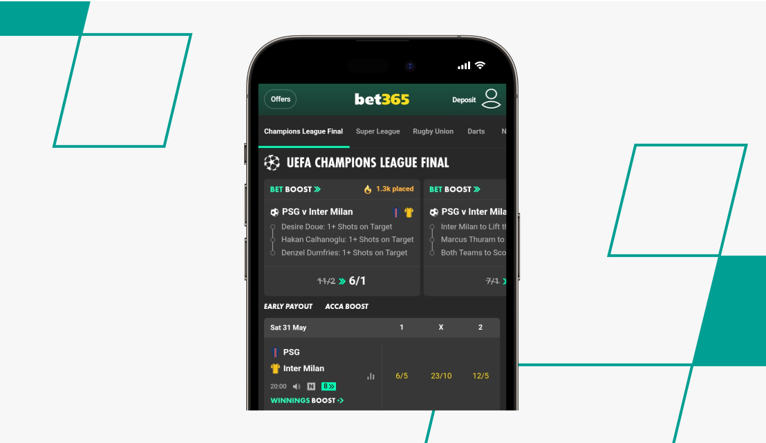 screenshot of bet365 champions league 1x2 betting odds