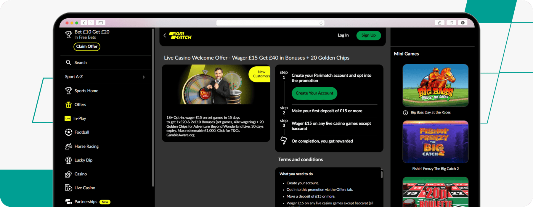 screenshot of parimatch live casino welcome offer