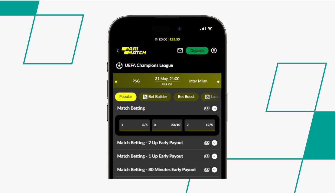 screenshot of parimatch champions league 1x2 betting odds