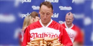 Joey Chestnut eating hot dogs