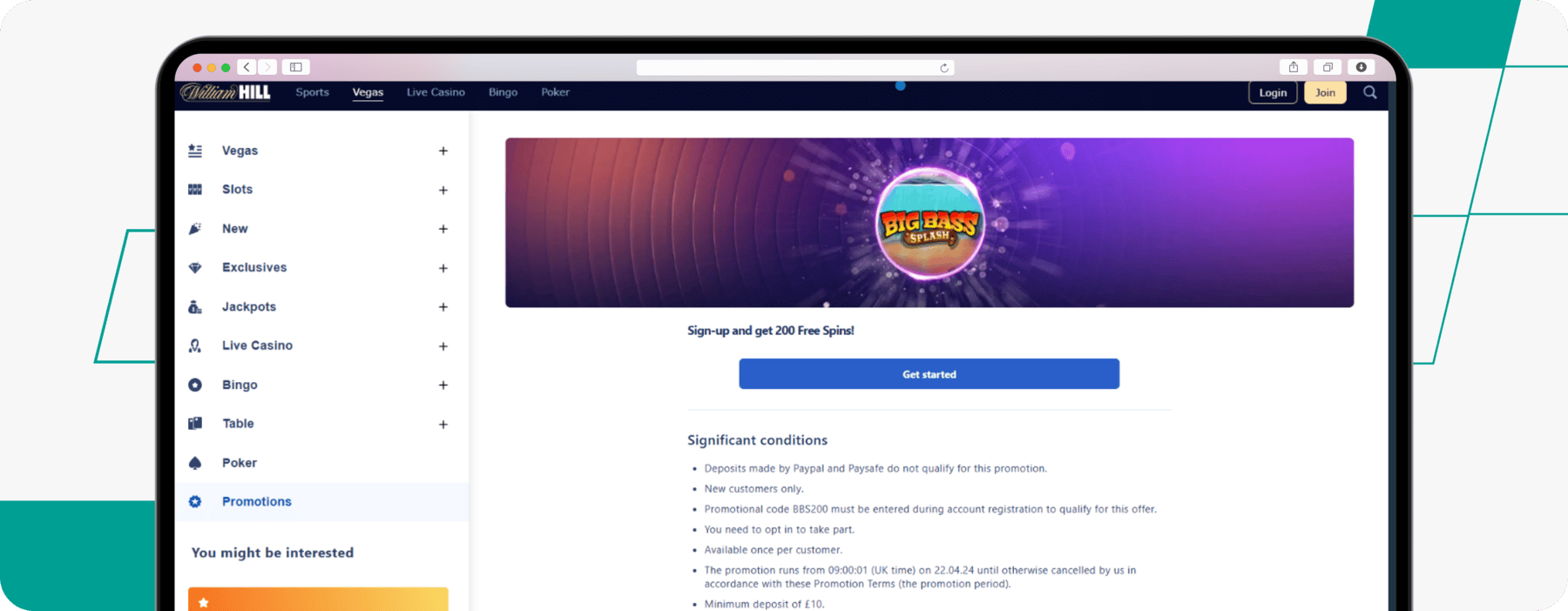 Casino welcome offer including 200 free spins on William Hill