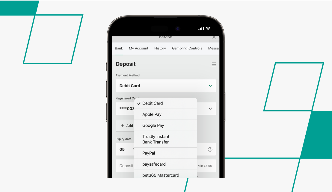 A list of deposit options on bet365
