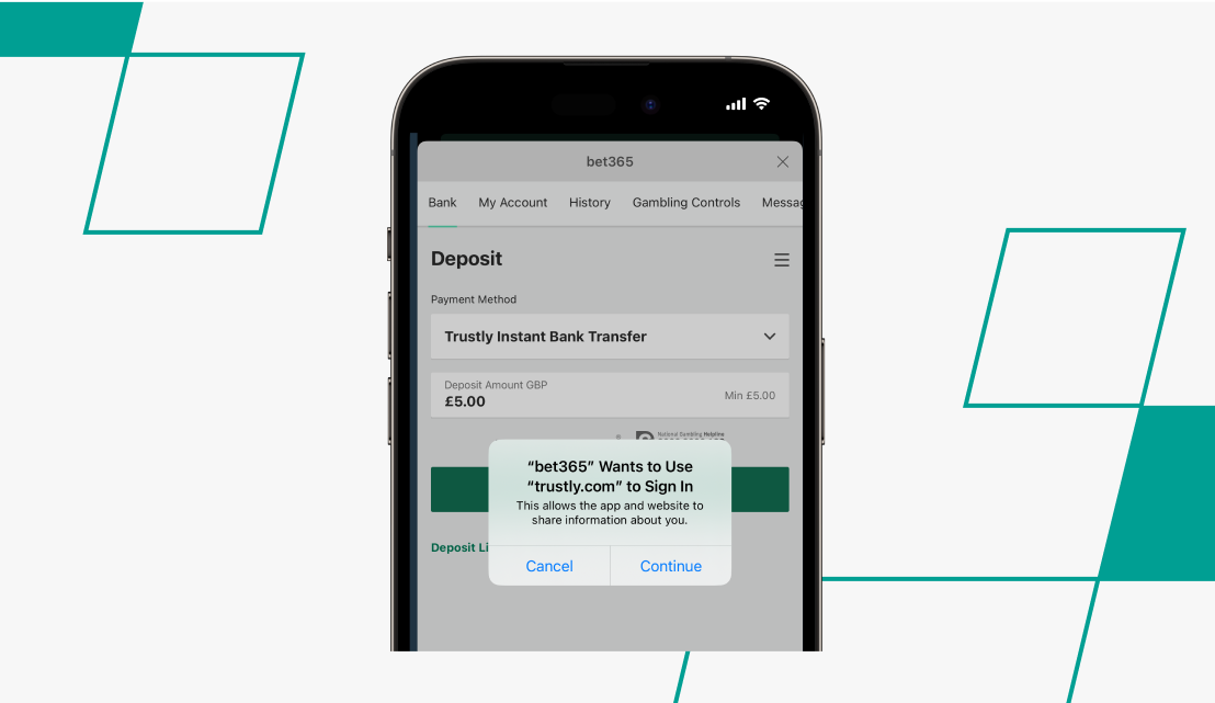 Selecting Trustly as a deposit method on bet365