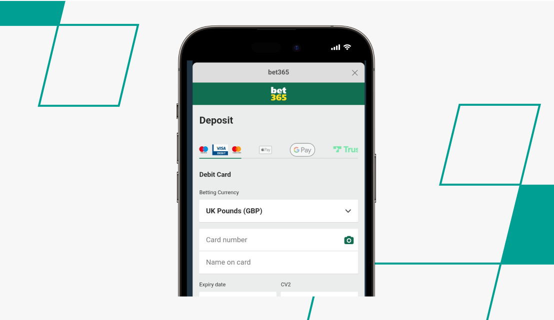 A screenshot of bet365 deposit screen showing the debit card fields