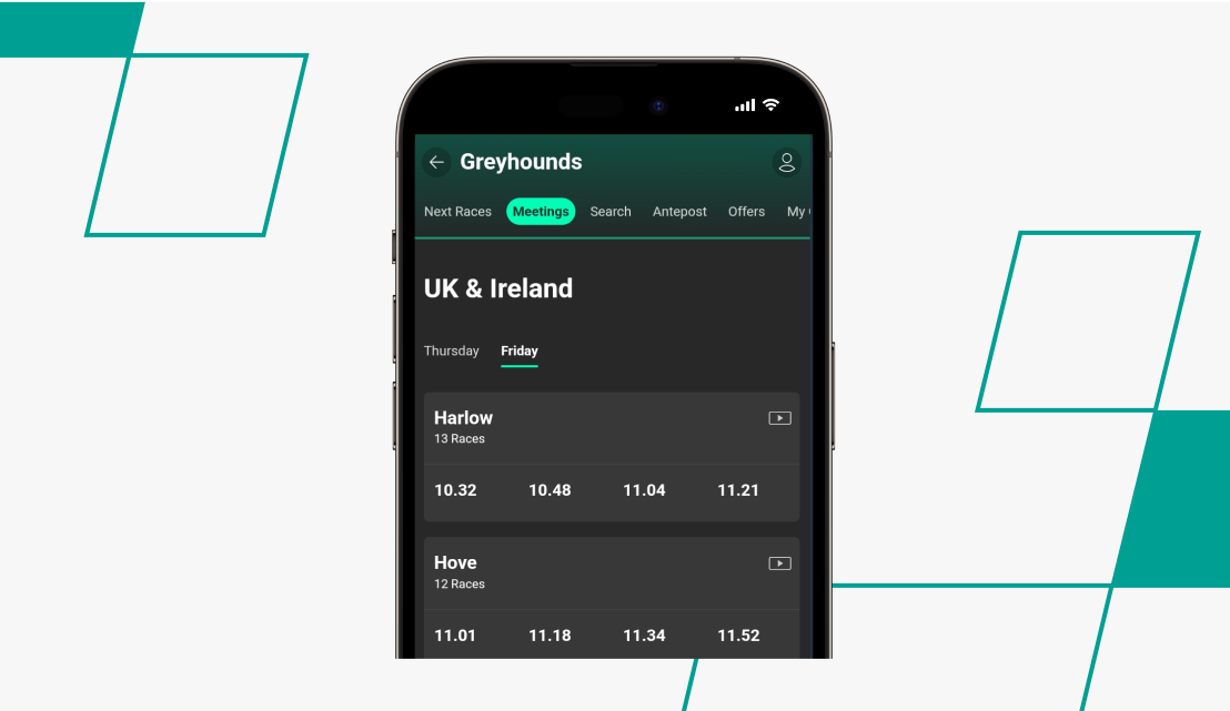 A screenshot of the UK & Ireland Greyhounds betting market on bet365