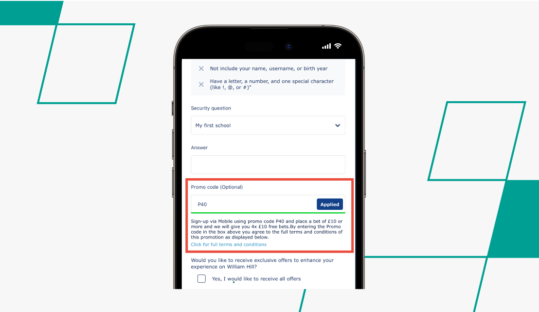 Promo Code field on William Hill during registration process