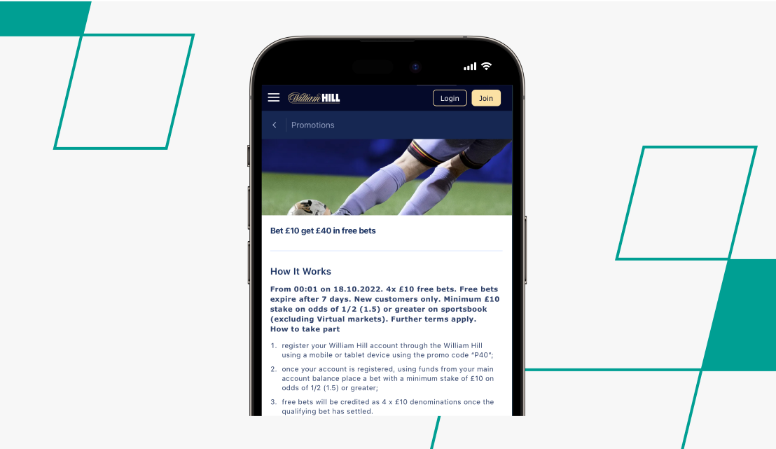 William hill website showing the bet10 get 40 in free bets sports offrer