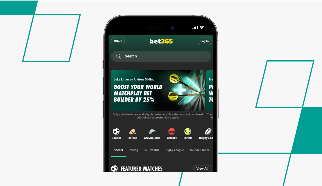 A screenshot of bet365 homepage showing the latest offers and markets