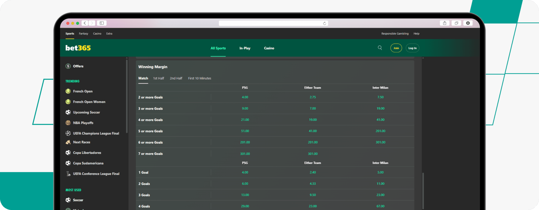 Match Winning margins on bet365 website