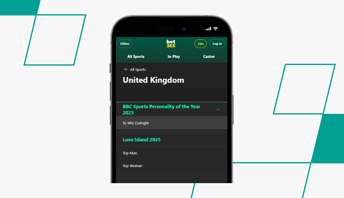 screenshot of bet365's bbc sports personality betting markets
