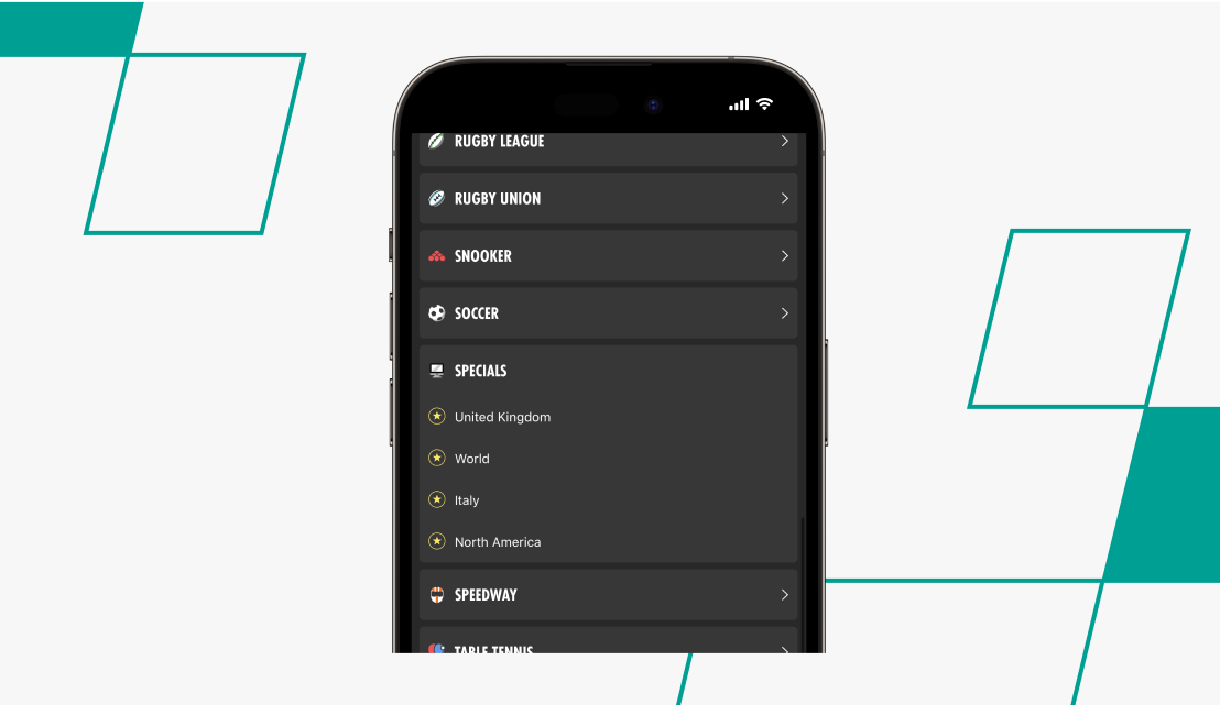 screenshot of bet365's sports betting options