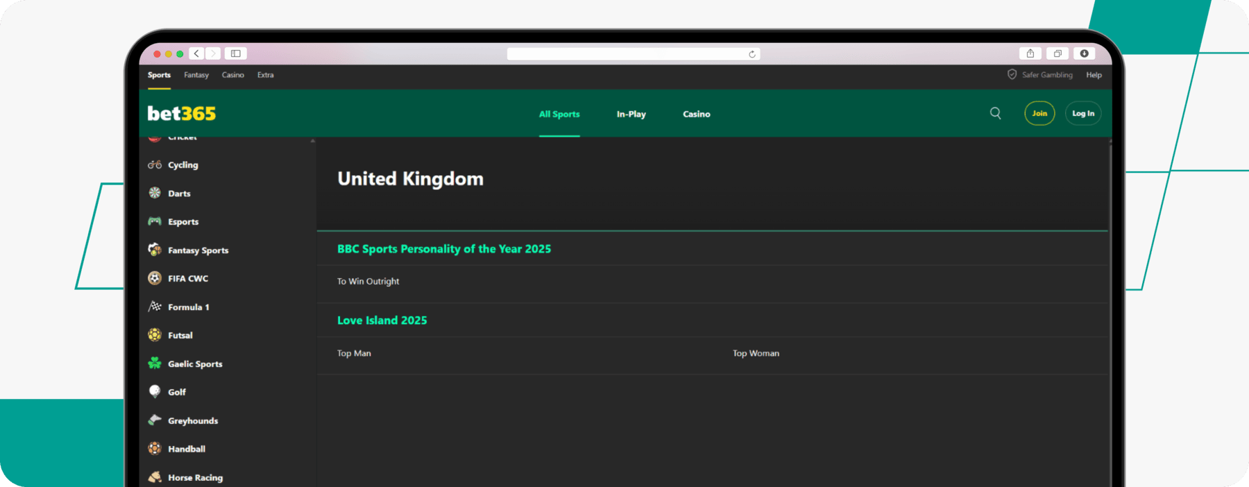 screenshot of bet365 novelty betting page